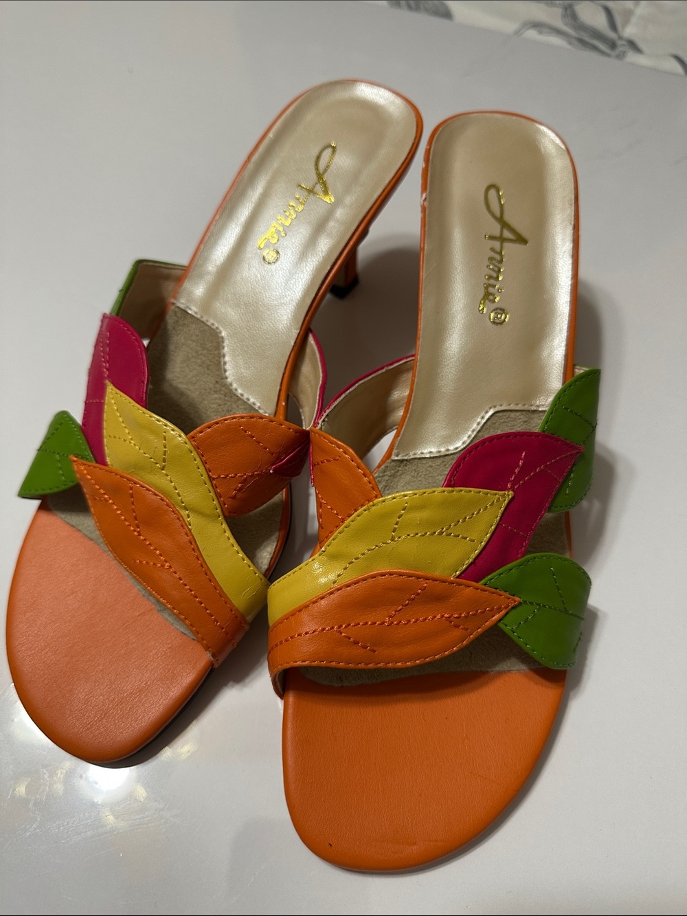 Annie Orange Multicolor Leaf-Detail Slide Heels